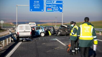 Agentes de la Guardia Civil examinan el lugar del accidente múltiple que se ha producido a la altura del término municipal de Bargas, en Toledo, en el que ha fallecido una persona y otras tres han resultado heridas / EFE
