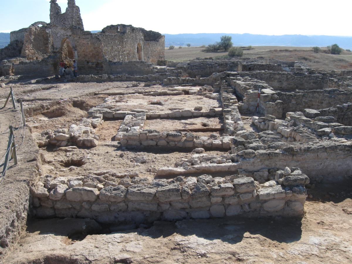 Recópolis, Complejo Palacial, edificios residenciales meridional y al fondo iglesia palatina -siglos VI-VIII /Foto Área de Arqueología, Universidad de Alcalá