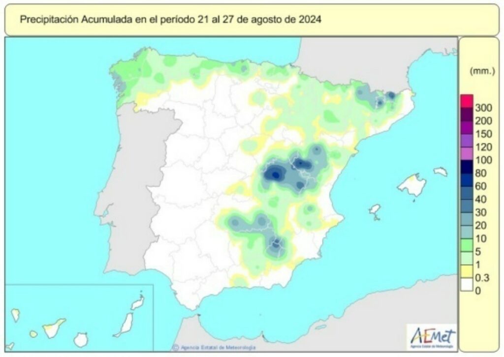 Las lluvias acumuladas desde octubre están un 2,5% por encima de su valor normal y Teruel superó esta semana 48,6 l/m2. AEMET 30/8/2024