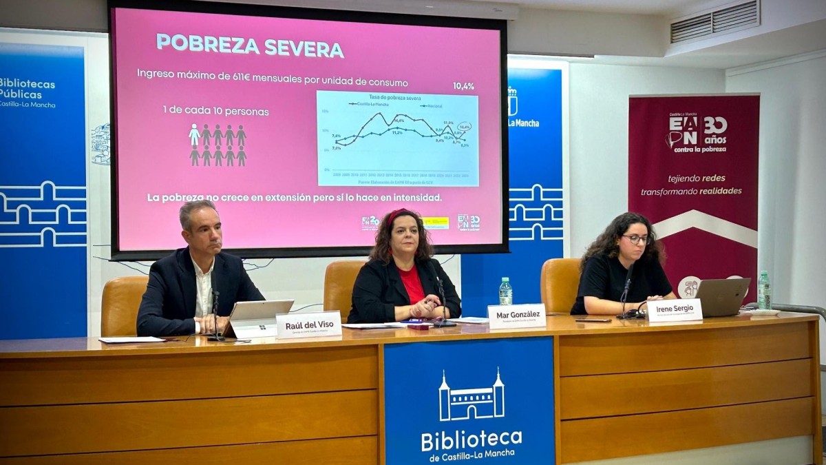 La presidenta regional de EAPN, Mar González; el gerente, Raúl del Viso; y la técnica Irene Sergio presentan el informe 'El Estado de la Pobreza. Seguimiento de los indicadores de la Agenda UE 2030'. REMITIDA / HANDOUT por EAPN Fotografía remitida a medios de comunicación exclusivamente para ilustrar la noticia a la que hace referencia la imagen, y citando la procedencia de la imagen en la firma 17/10/2024