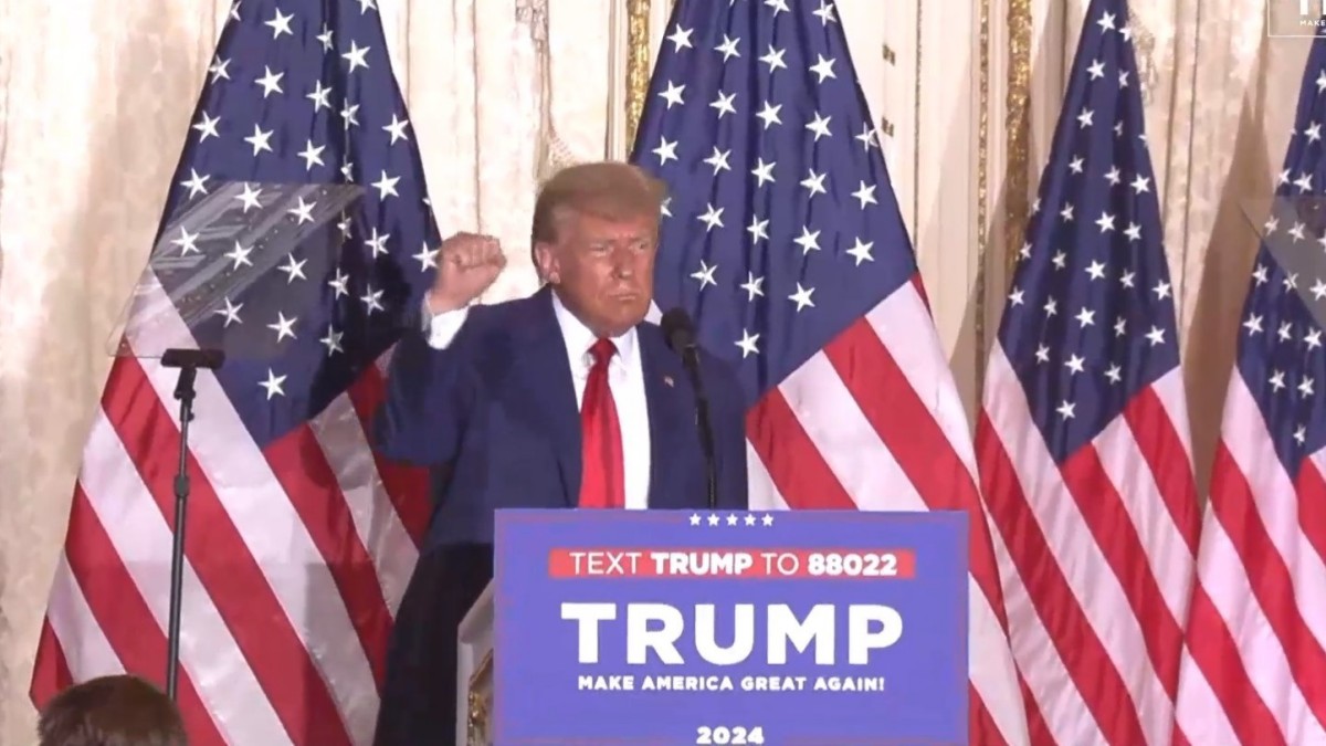 , durante su discurso tras declararse inocente de 34 cargos en el marco del presunto soborno a la actriz de cine porno Stormy Daniels CAMPAÑA DONALD TRUMP 04/4/2023