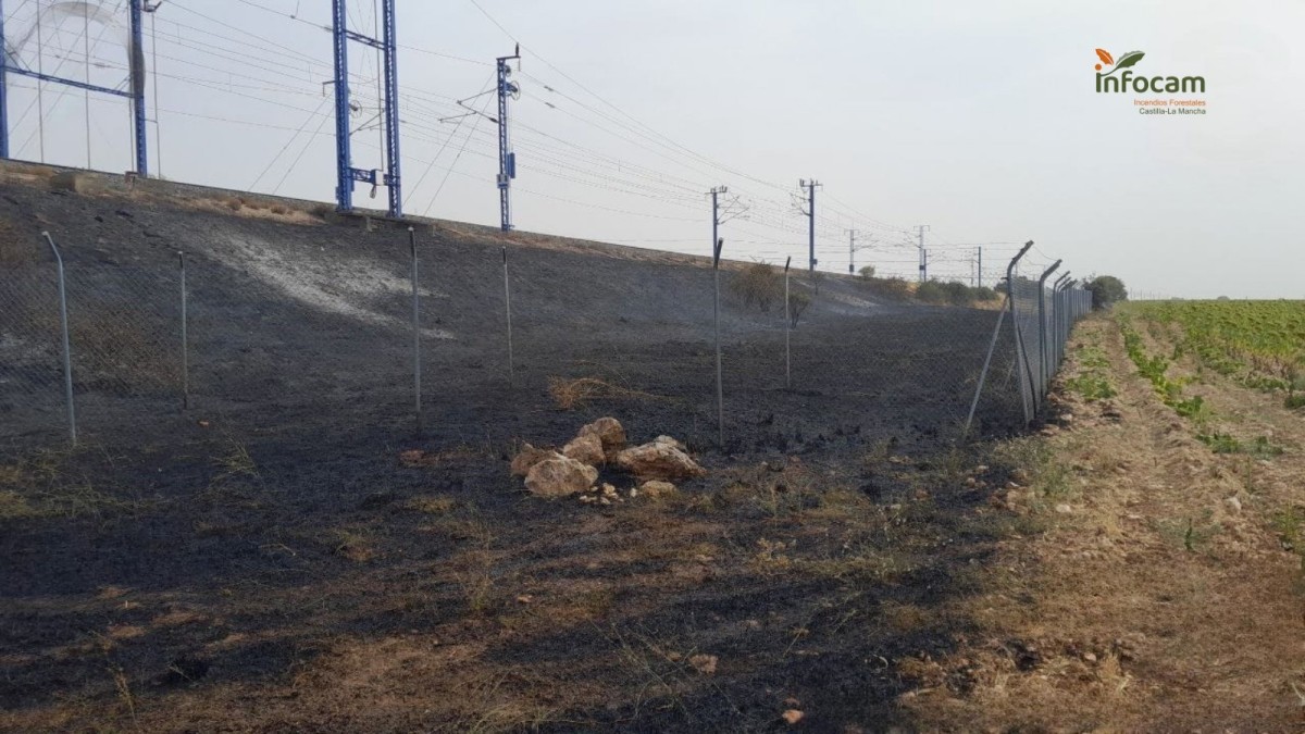 Zona afectada por el fuego junto a las vías de alta velocidad.